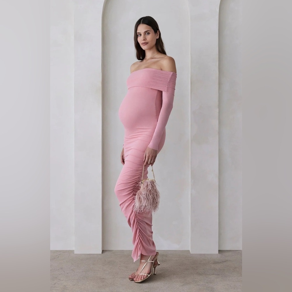 Bumpsuit Off The Shoulder Soft Mesh Dress in Pink. Size M